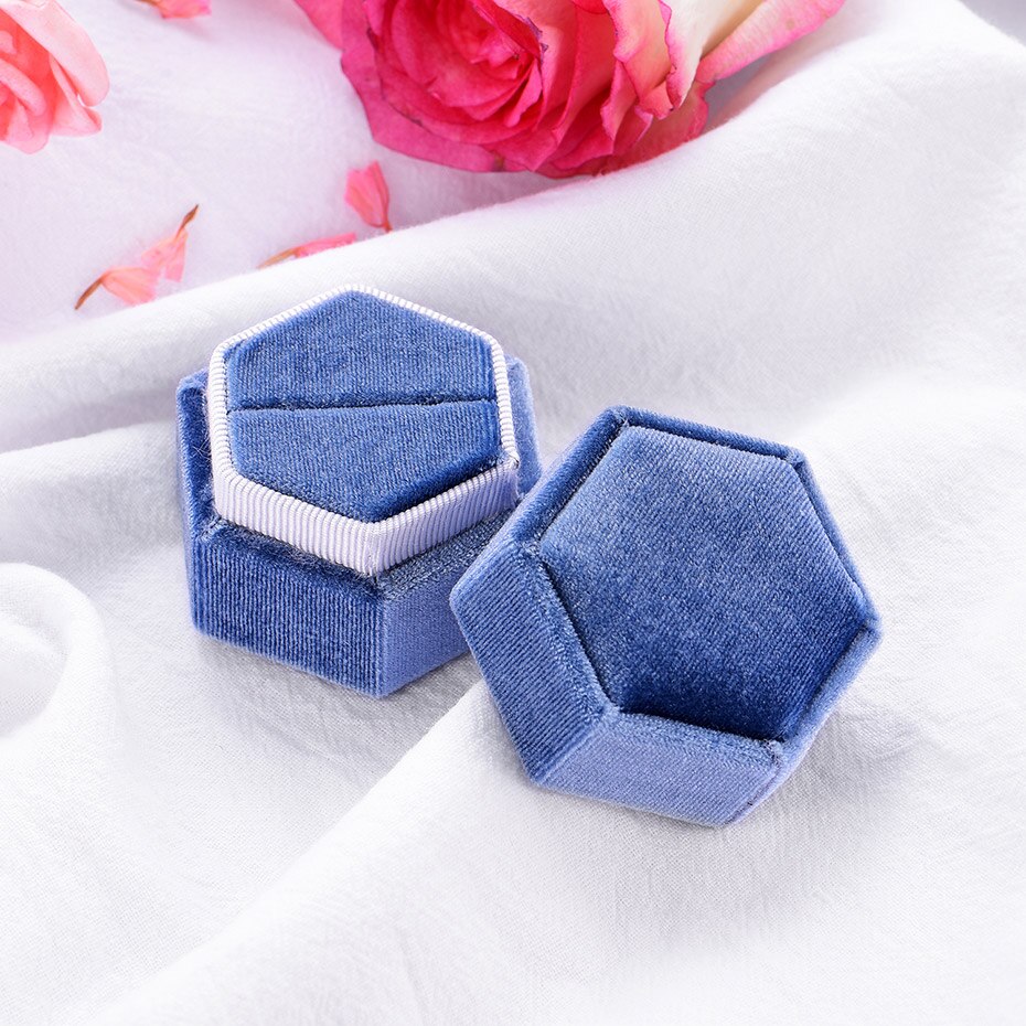 Kuololit Commercio All'ingrosso Anello scatola di Velluto per Le Donne Rosa verde blu rosso esagono Ottagono Rotonda rettangolo Contenitori di Monili per L'impegno: hexagon  blue