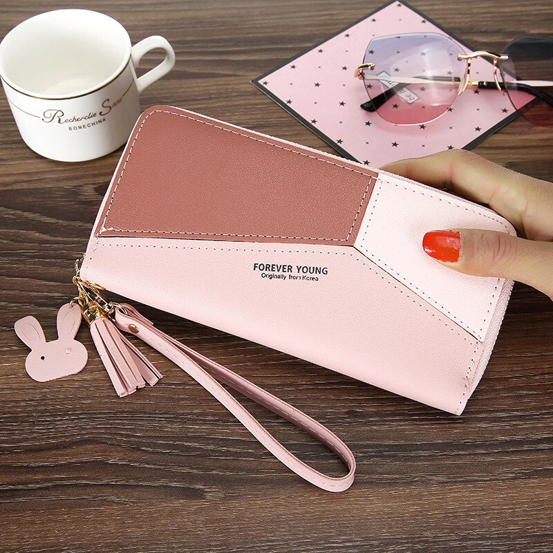 Monederos Mujer – portefeuille Long de Style coréen pour femmes, porte-monnaie en cuir coloré à pompon pour téléphone portable,