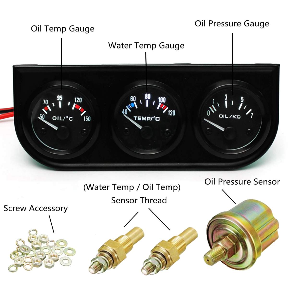 2/52mm 3 in 1 voltmeter + vandtermometer + olietryk elektrisk målesæt voltmåler eller olietemperaturmåler tredobbelt målesæt
