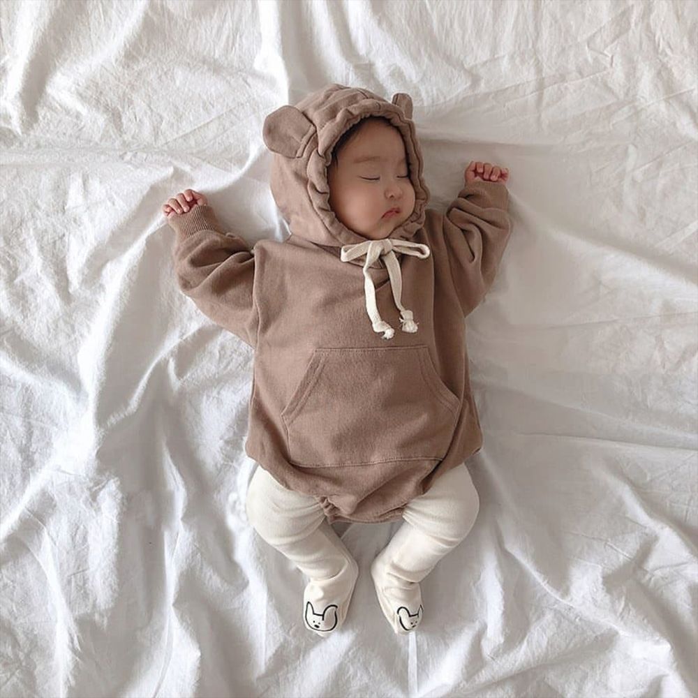 Babykleid für frühling und herbst, niedlicher kleiner bär, baumwolle, schlichter einfarbiger hoodie für jungen und mädchen, triangel-strampler