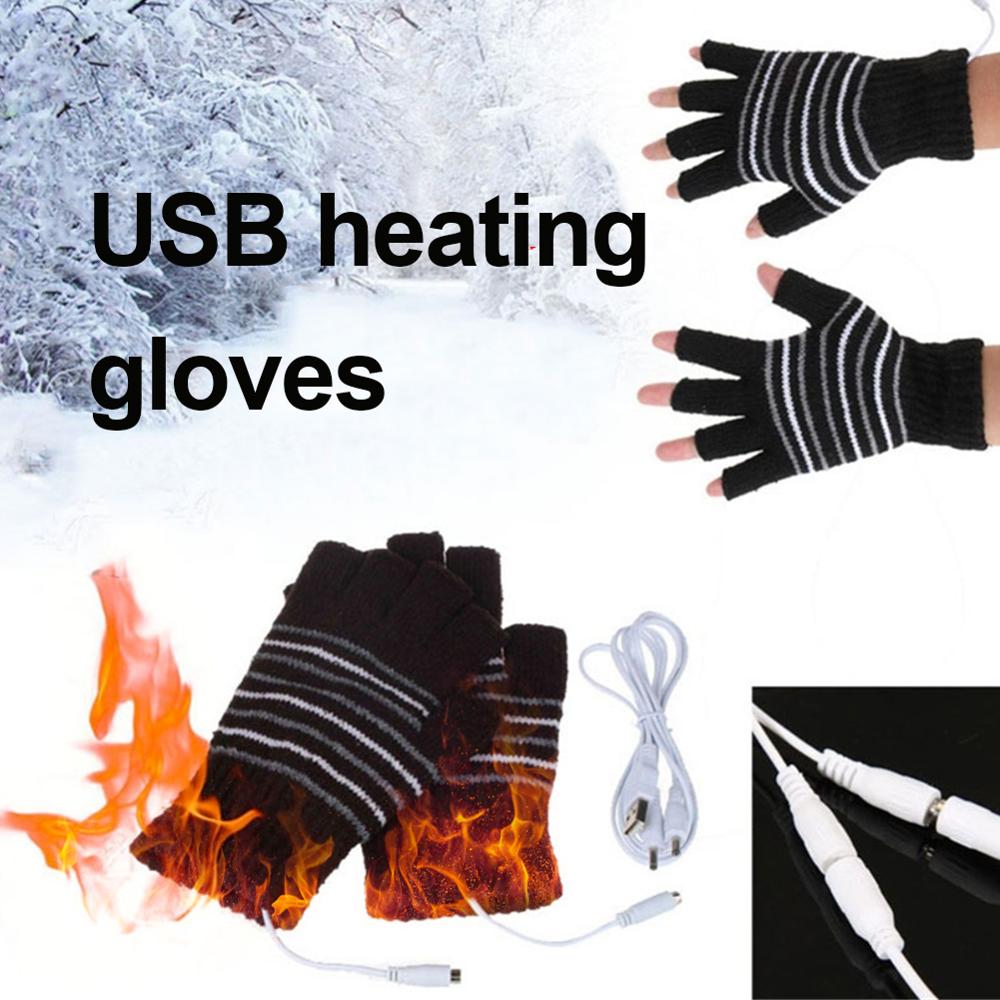 Vinter stickade handskar usb uppvärmda halvfinger handskar tvättbara fingerfria