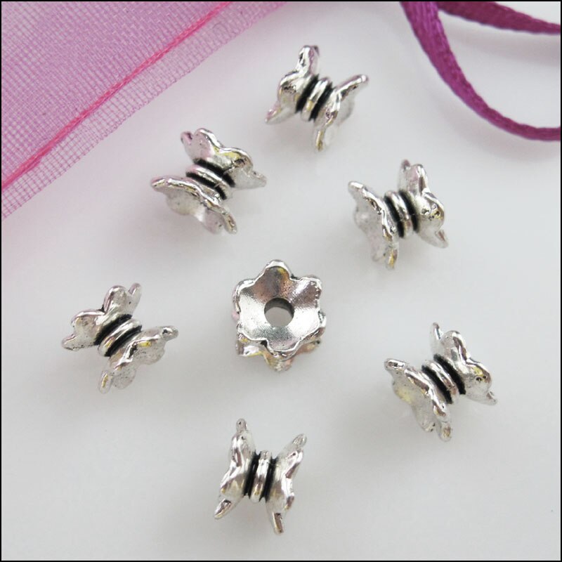 80Pcs Tibetan Silver Color Flower Spacer Beads End Caps Charms 5x7mm