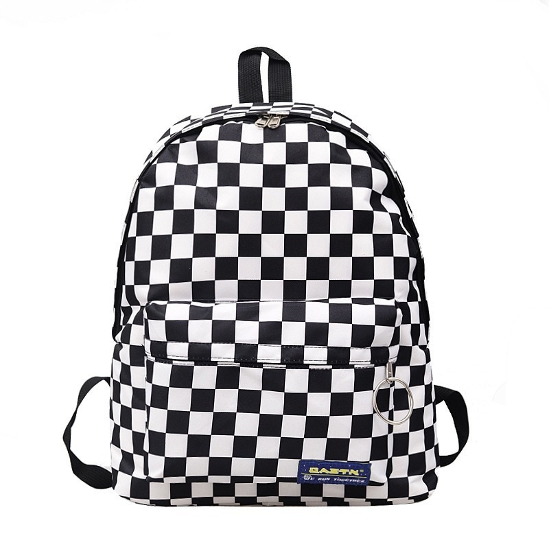 Black and White Plaid Backpack Casual Nylon Outdoor Travel Backpack College Style Student School Bag