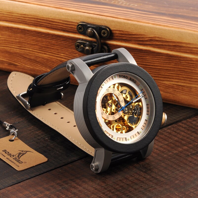 Bobo Vogel WK11 Heren Horloges Golden Brons Skeleton Man Antieke Steampunk Casual Automatische Blootgesteld Goud Beweging Relogio