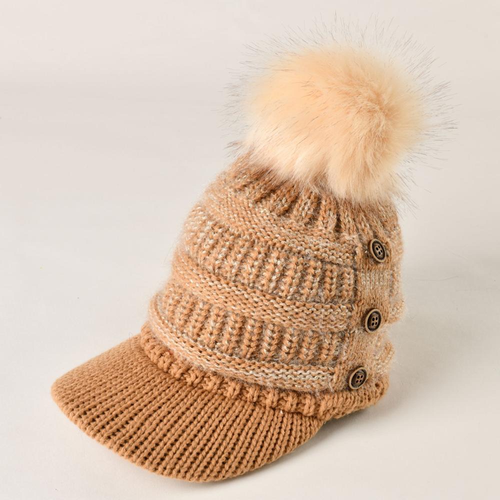 Gorro de lana con forma de bola para mujer, gorro de lana con forma de cúpula cálida, con botones, en 6 colores, para invierno y otoño: Caqui