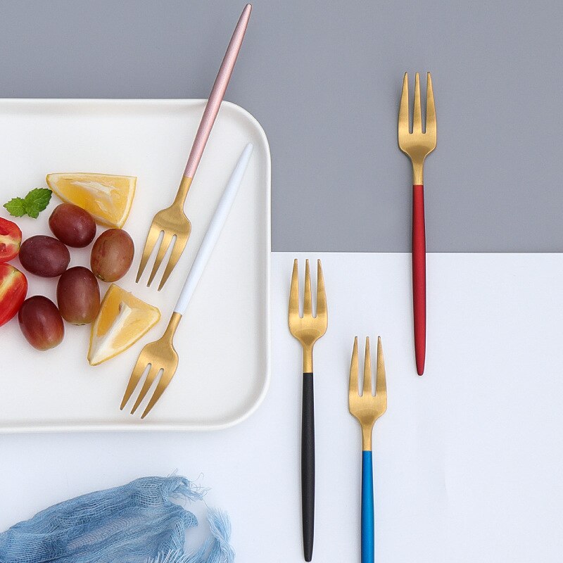 6pc/- pack 304 roestvrijstalen tafelvorken kleurrijke fruitvork gouden servies verjaardagsfeest taart schattige voedselkeuzes westerse diner