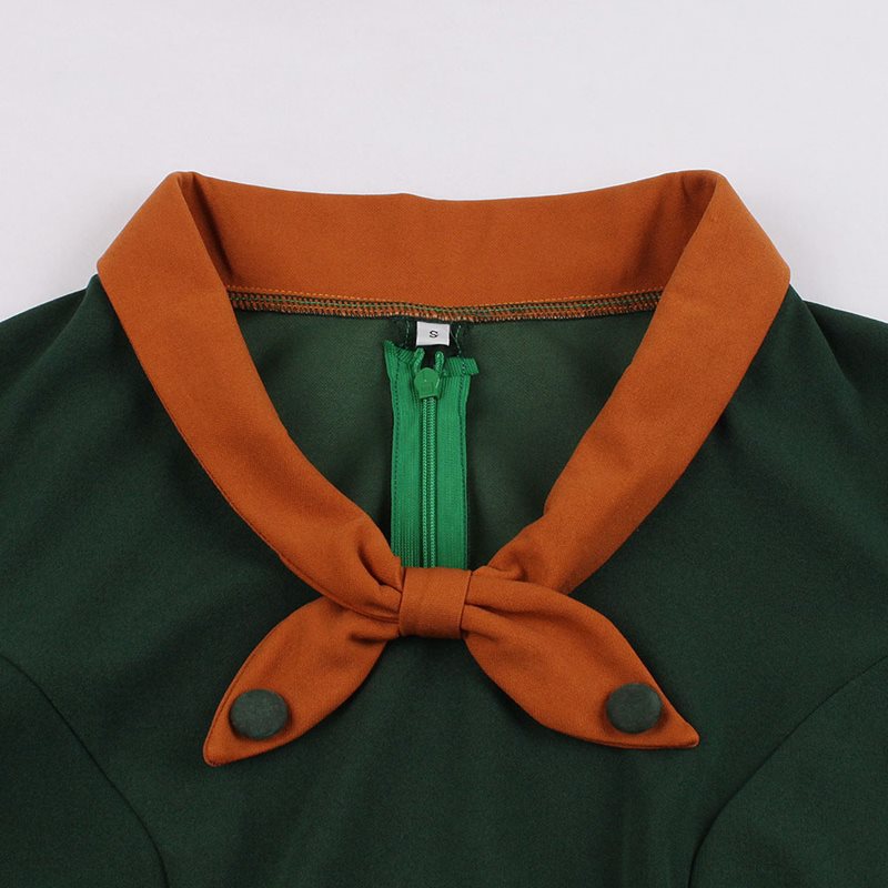 Sisjuly Vrouwen Groene Retro Jurken Vrouwelijke Boog Kraag Vintage Jurken Patchwork Knielange Office Lady Jurken Chic Elegante