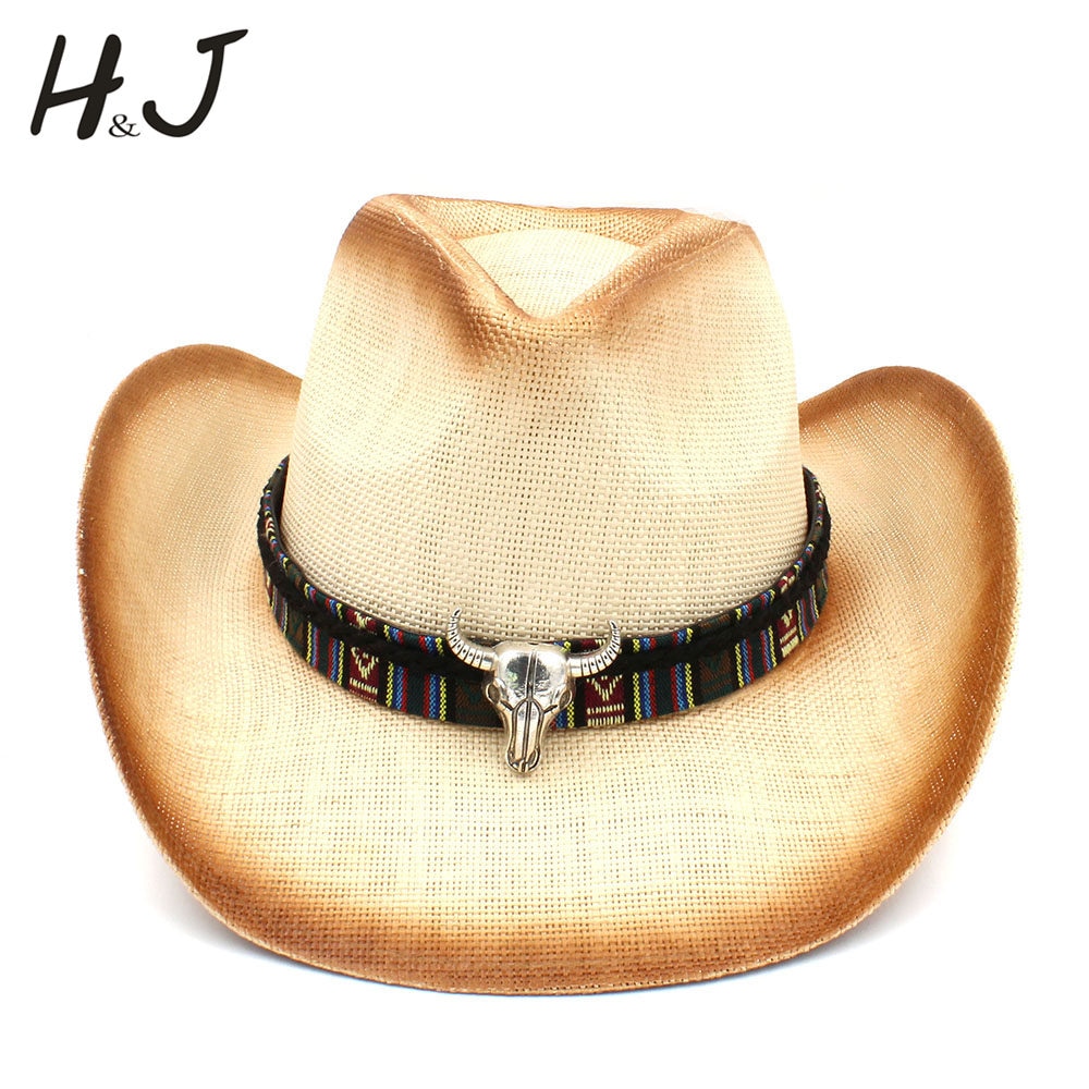Stro cowboyhoed voor dames en heren met bohemian stierenhoofdband voor dames en vaders, western sombrero hombre cowgirl jazz petten maat 58cm
