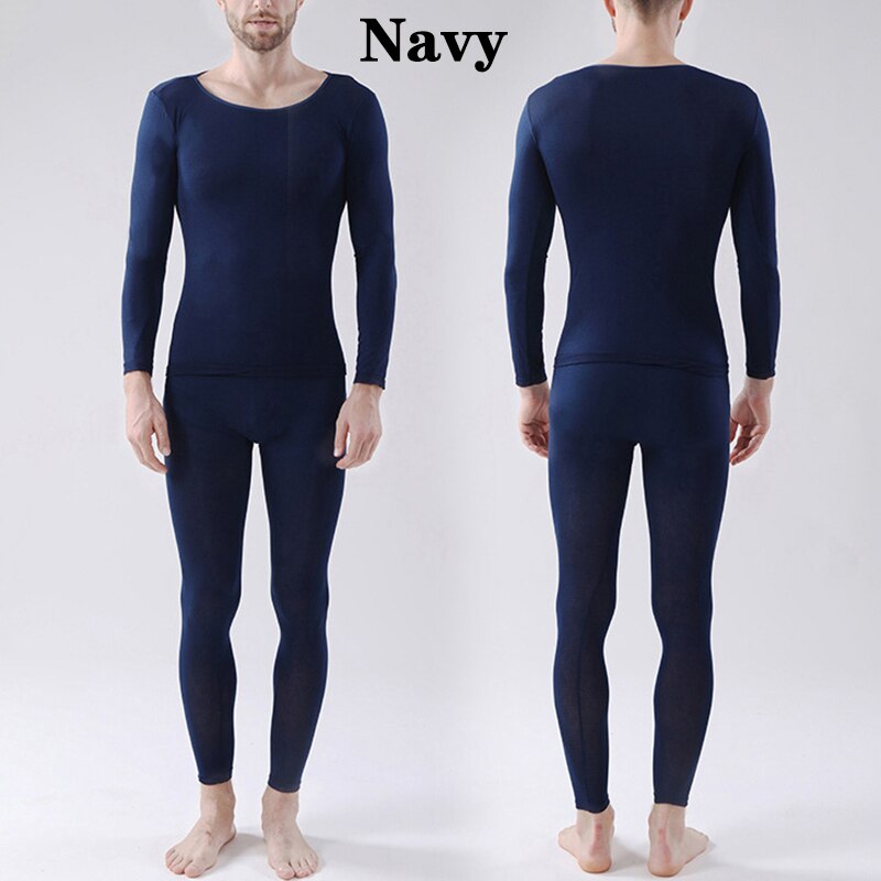 Selvopvarmende termisk undertøj sæt toppe + bukser mænd kvinder langærmet termisk skjorte bukser varm dragt blød slank elastik: Flåde-mænd