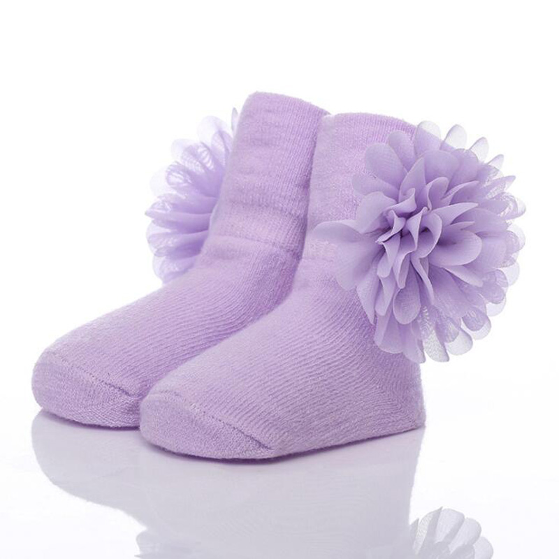 Blomster baby bomull sokker chiffon blomster jenter sokker: Lilla