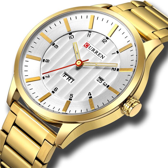 Horloges Mode Roestvrij Stalen Band Heren Horloges Klassieke Zakelijke Quartz Horloge Voor Mannen Man Klok Met Kalender: gold white