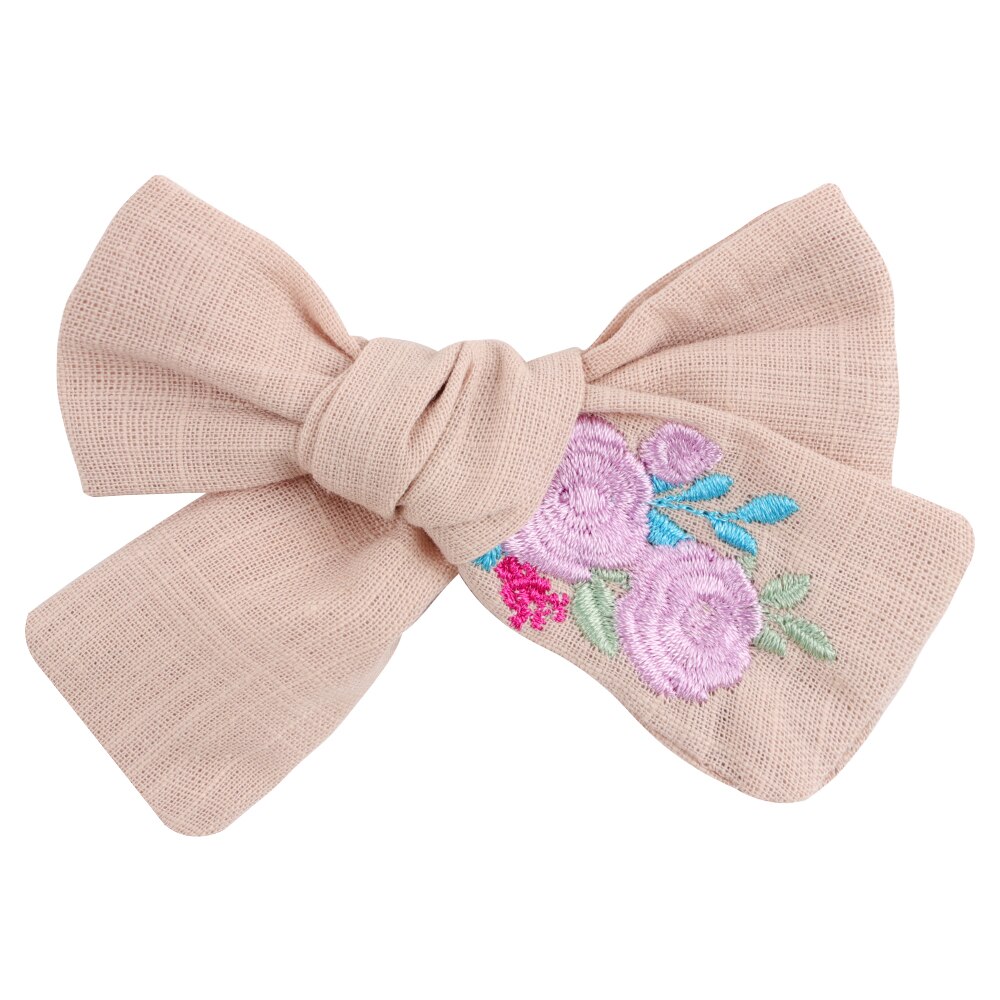 Flower Embroidery Bows Hair Clips For Kids Girls Boutique Handmade Hairpins Barrettes Headwear Hair Accessories: small beige
