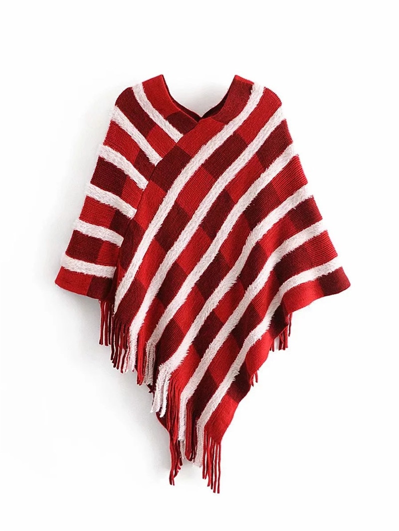 Artguy Eurpean Stijl vrouwen Gestreepte Kwastje Cape Sjaal Trui Vrouwelijke Mode Batwing Mouw Truien Truien Winter Tops: Rood