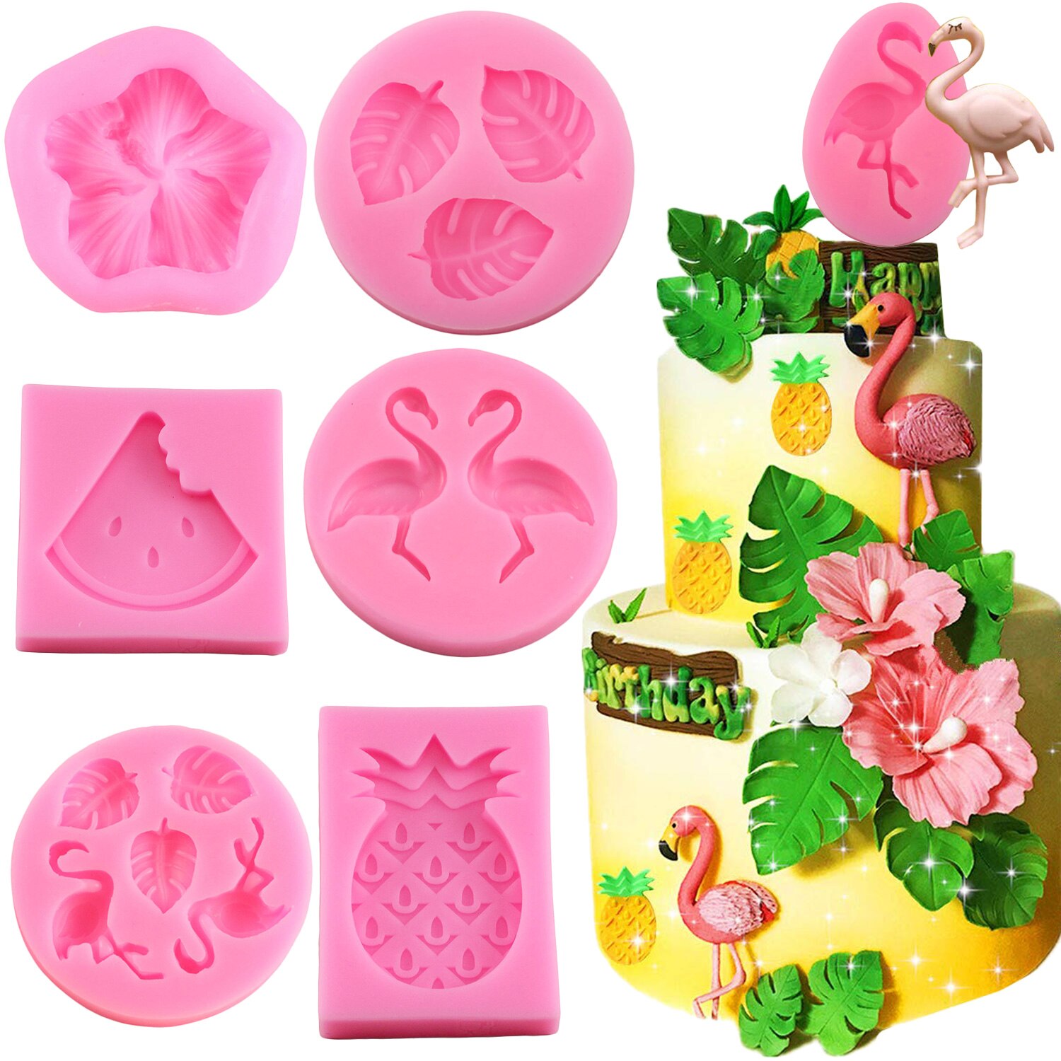 Moule en Silicone flamant rose, fleur, tortue, feuille, chocolat, Fondant, fête d&#39;été, outils de décoration de gâteaux, résine, argile