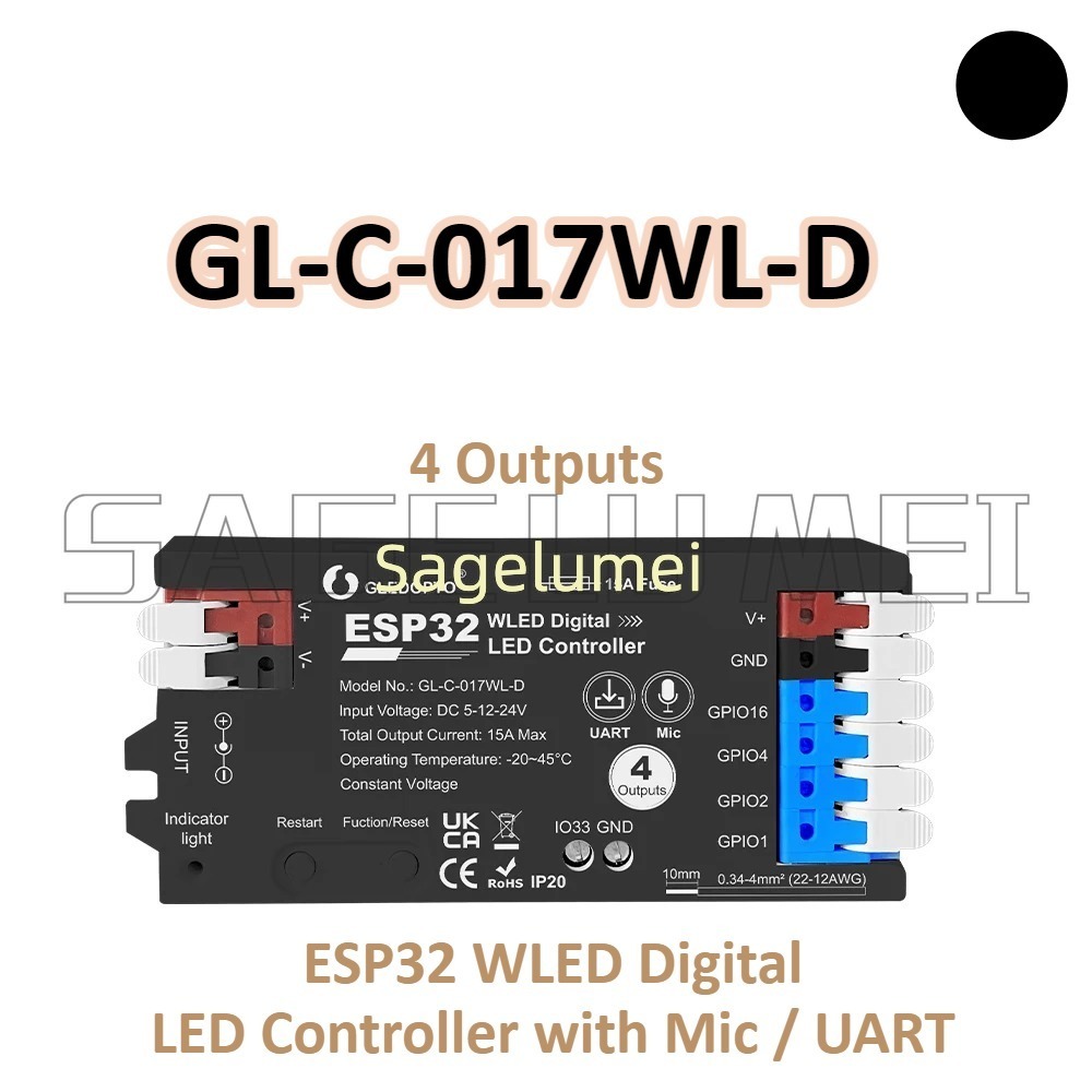 WLED LED Controller GL-C-016WL-D DC 5-24V GLEDOPTO ESP32 Supported WS2811, SK6812, SM16703P, WS2812 Strip Light: Red