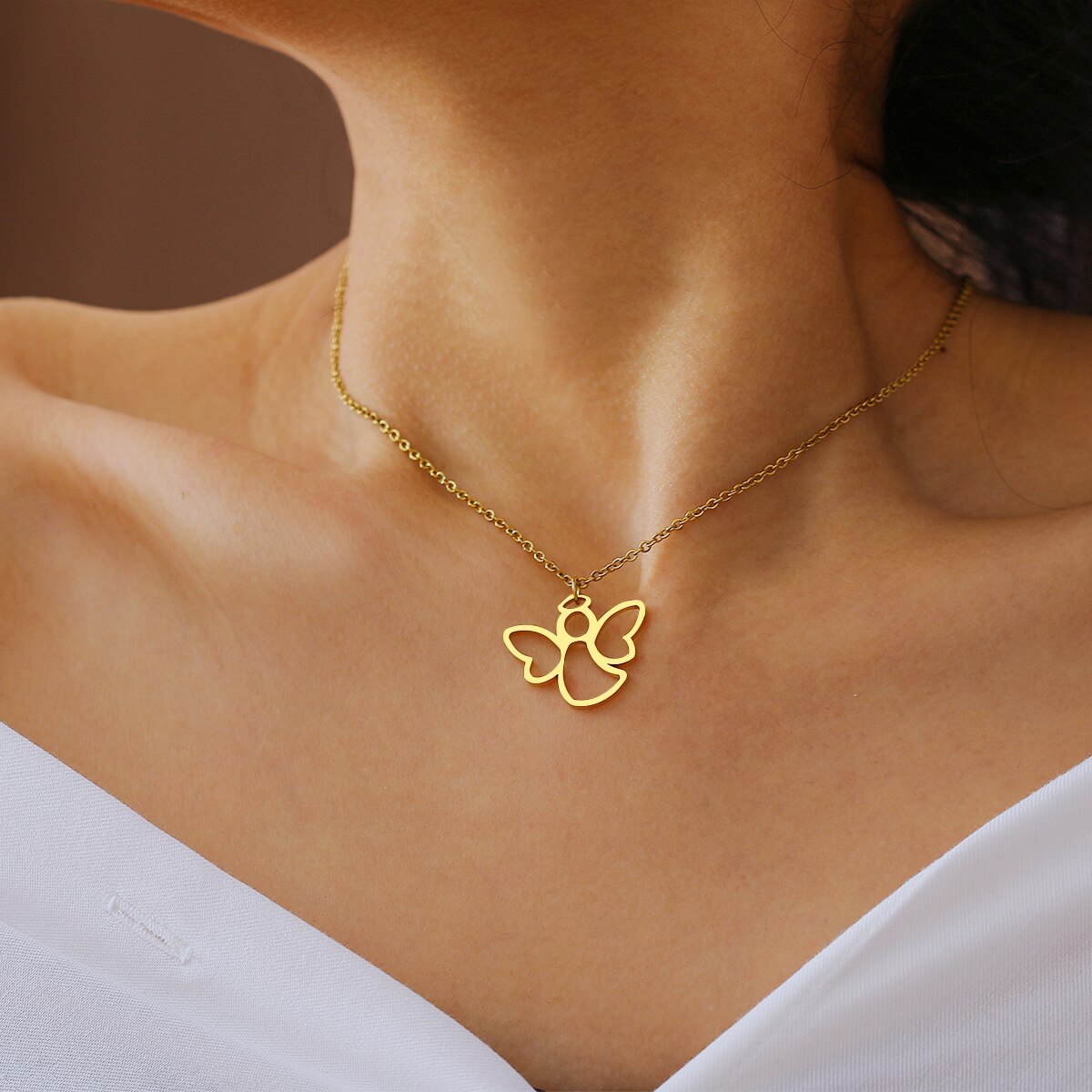 Stainless Steel Necklaces Hollow Little Angel Cute Pendant Choker Clavicle Chain Necklaces For Women Jewelry Girls