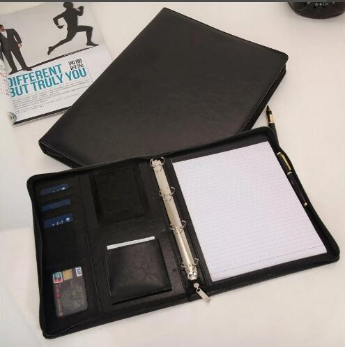 A4 dokumentmappe pu læder lynlås ringbinder konference taske forretning dokumentmappe kontor skole levering med lommeregner notesbog: -en