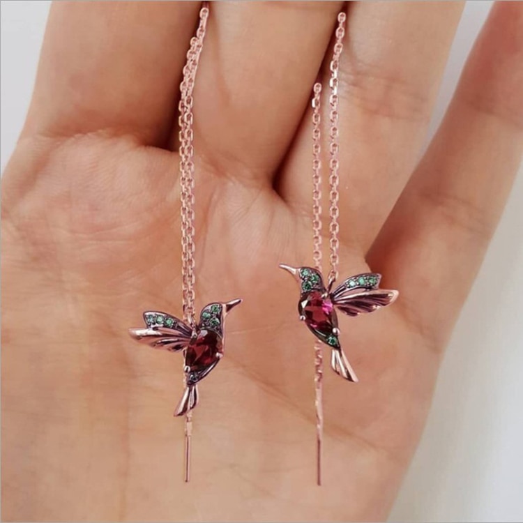 Unique Hummingbird Long Earrings Flying Bird Pendant Tassel Crystal Pendant Copper Earrings Ladies Jewelry