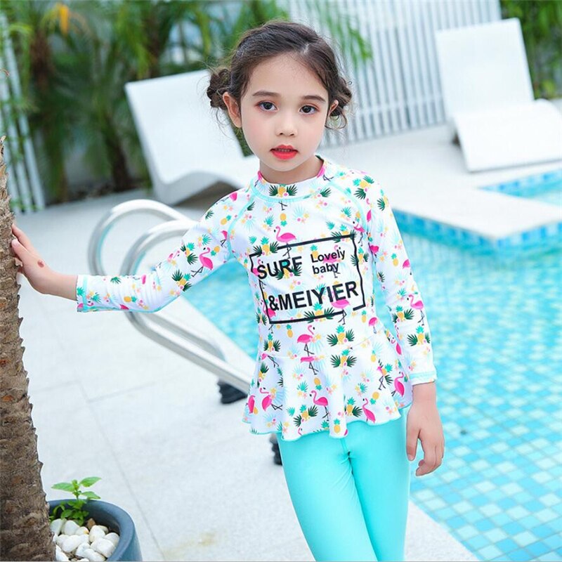 beautiful child muslim swim suit two piece islamic girls swimsuit floral printed modest swimwear full coverage