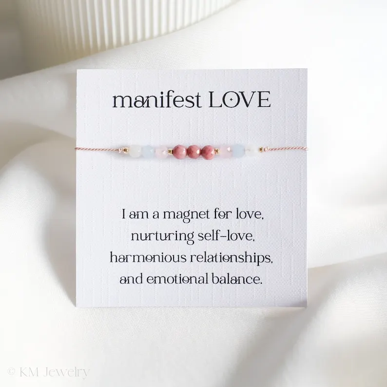 Pulseira de cristal embutida amor, atrair amor, auto-amor, quartzo rosa, água-marinha, pedra da lua, rosa piroxeno