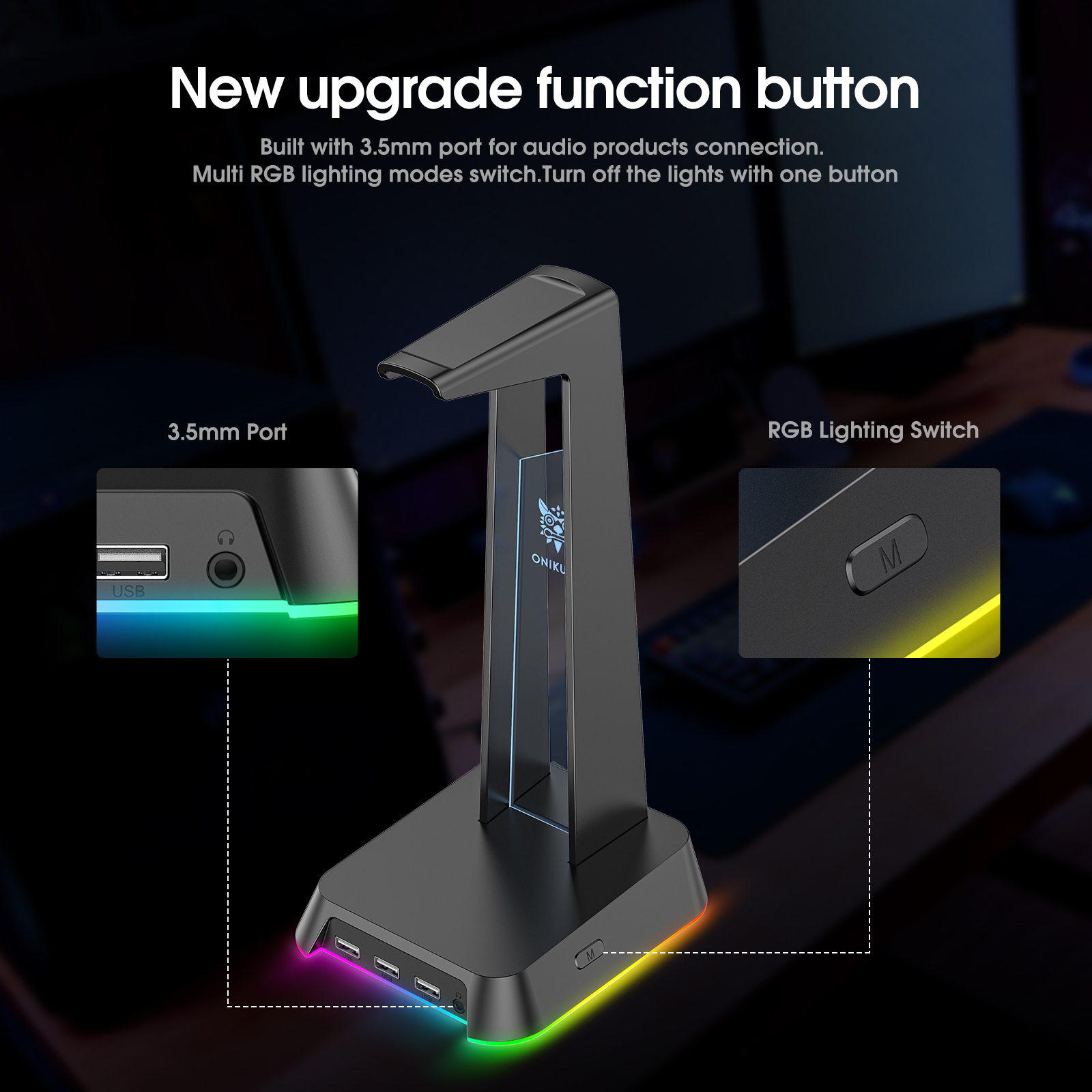 ONIKUMA RGB Gaming Headphone Stand Computer Headset Desktop Display Holder Luminous Logo with 3 USB and 3.5mm AUX Ports
