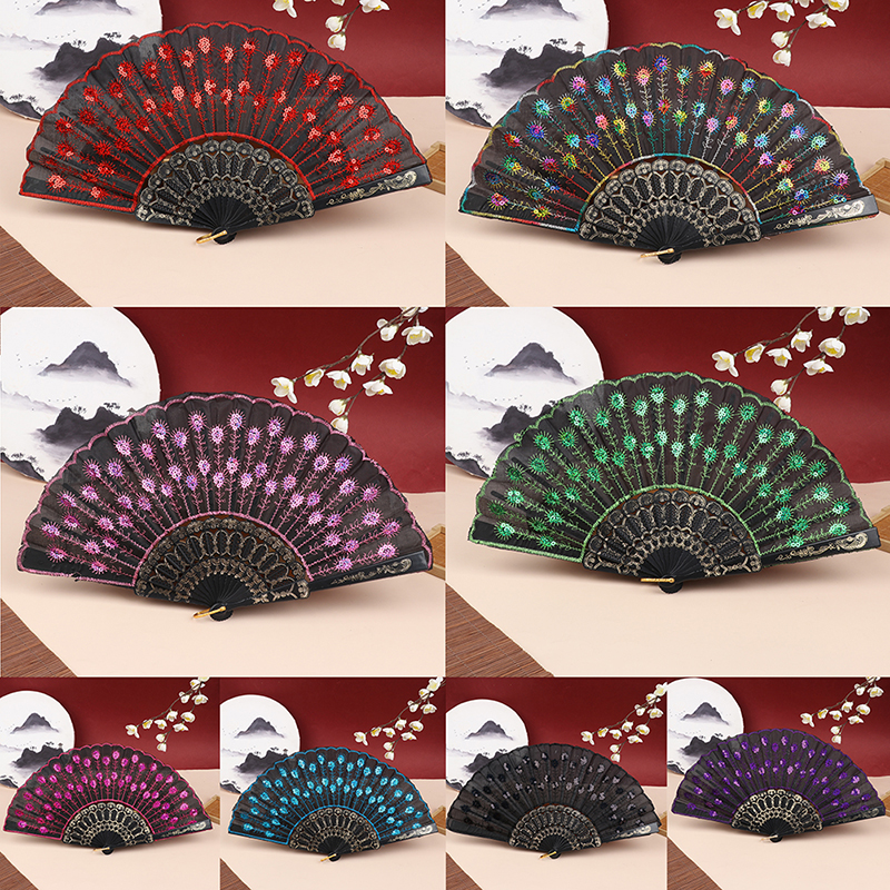 Silk Fan Folding Fan Wedding Art Peacock Sequin Dancing Fan Hand Held Fan
