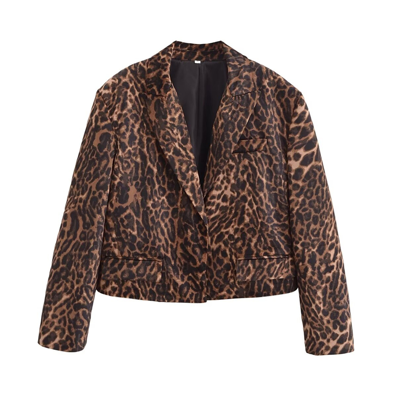 Keyanketian høst/vinter dame leopardprint fløyelsdress retrostil løs avskåret blazer med klafflommer og yttertøy: S / Brun
