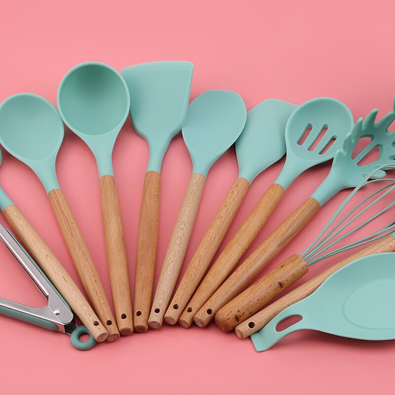 9/12PCS Silicone Cooking Utensils Set Non-stick Spatula Shovel Wooden Handle Cooking Tools Set With Storage Box Kitchen Tools