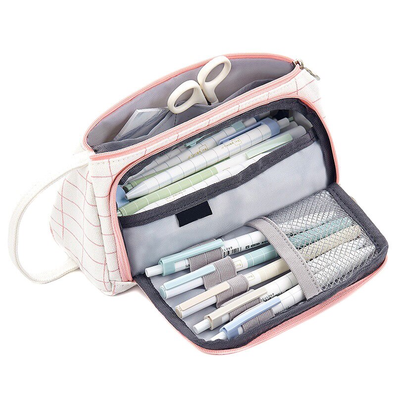 Women Cosmetic Bag Large Capacity Pen Cosmetics Storage Bag Canvas Pouch Pencil Stationery Case Holder For School Office: white pink