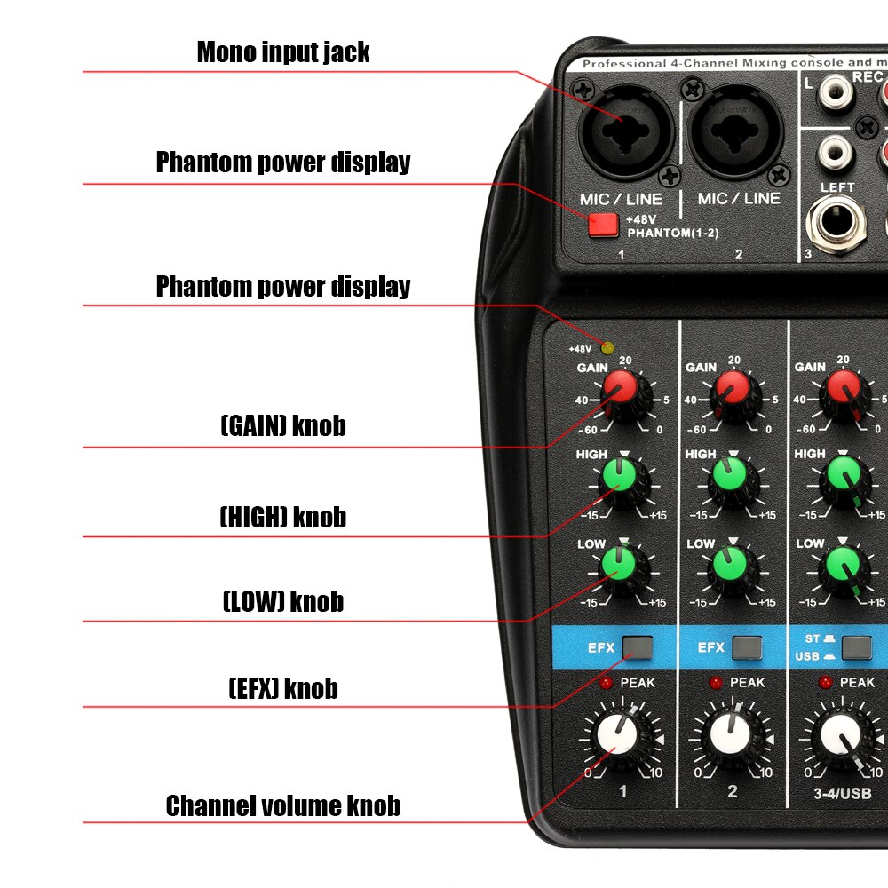 TU04 BT 4 Channels Sound Mixing Console Record 48V Phantom Power Monitor AUX Paths Plus Effects Audio Mixer with USB