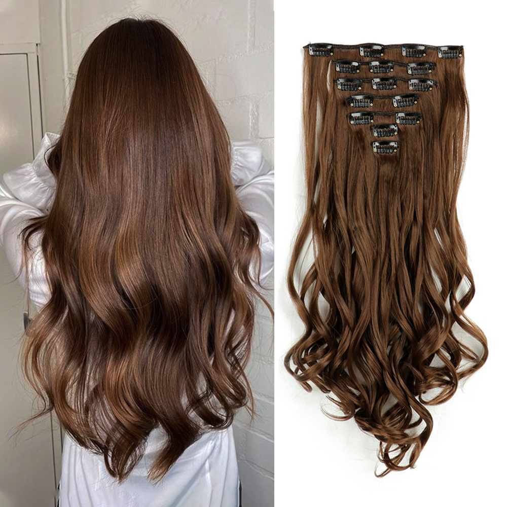 Extensiones de cabello con Clip, 7 Uds., cabeza completa, 22 pulgadas de largo, rizado, ondulado, sintético, Ondulado Natural para mujeres y niñas: #8