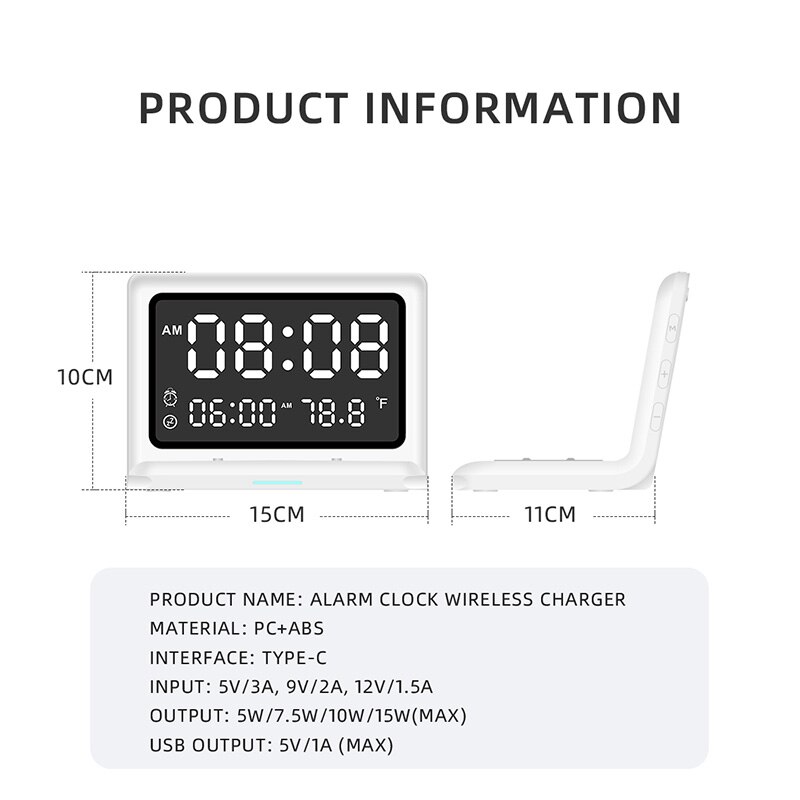 6 In 1 Wekker Draadloze Oplader Met Digitale Thermometer Led Bureaulamp Voor Slaapkamer 15W Mobiele Telefoon Snelle lader