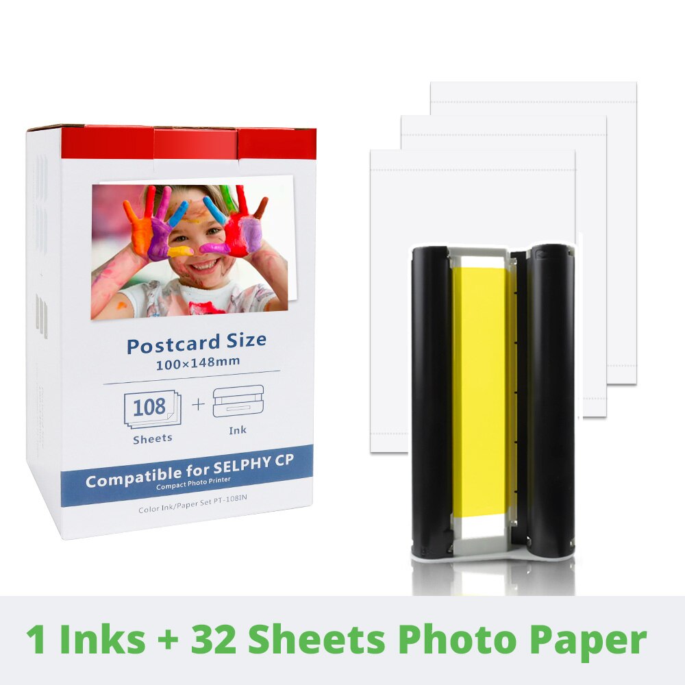 Papel fotográfico de 6 pulgadas, KP-108IN de casete de tinta y papel para impresora fotográfica Canon Selphy CP1300 CP1200 CP910 CP900: 1ink 36 photo paper