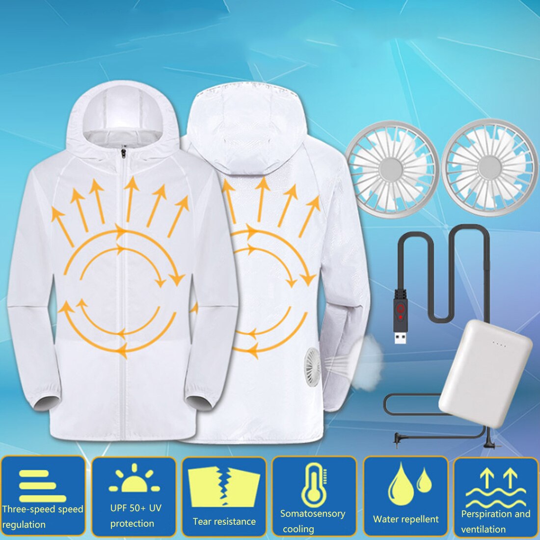Unisex Hooded Breathable Jacket With Cooling Fan Waterproof Hiking Adjustable Sun Protection Air Conditioning Coat Three Gear