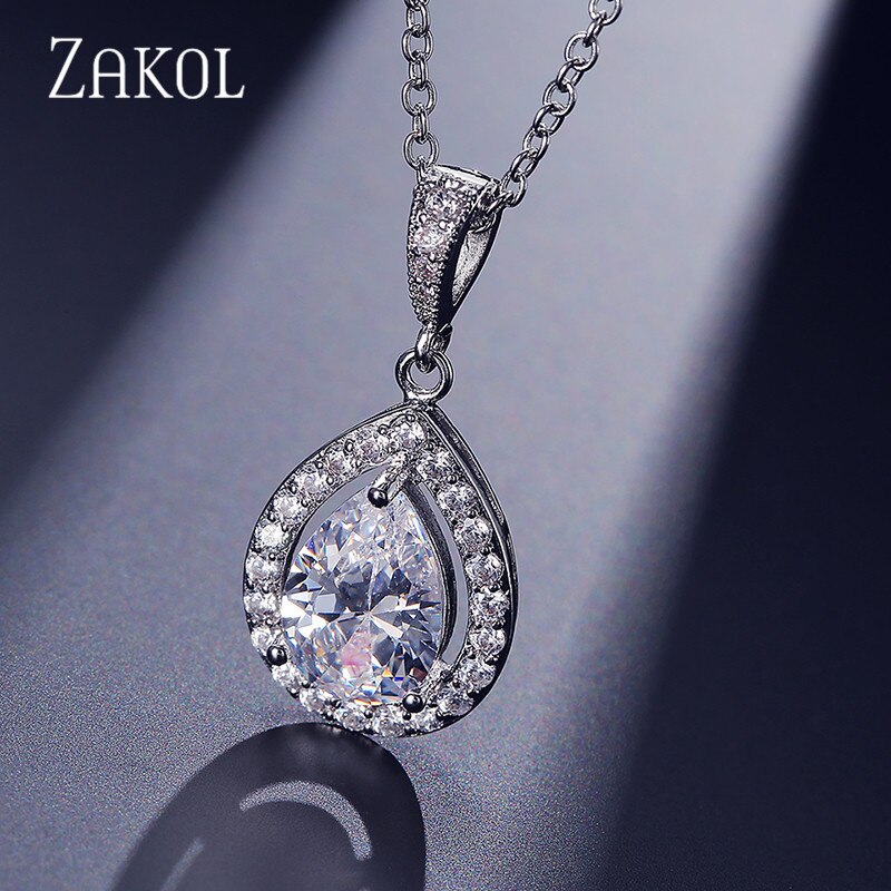 Zakol moda limpar gota de água zircão pingente colar de cristal brilhante nupcial casamento jóias para a menina presentes fsnp077