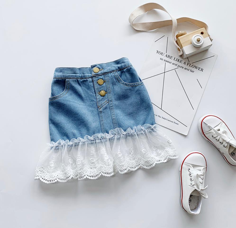 1-6Y Baby Girls Summer Clothing Infant Kids Baby Girl Denim Lace Patchwork Skirts Fishtail Ruffle Princess Bottoms Trumpet