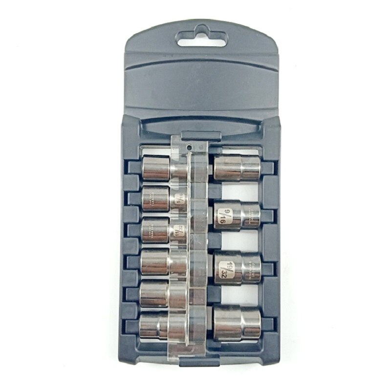 10 Pcs 3/8 Inch Drive CRV and Black Nickel Imperial Socket Set With Anti-Theft Plastic Rack