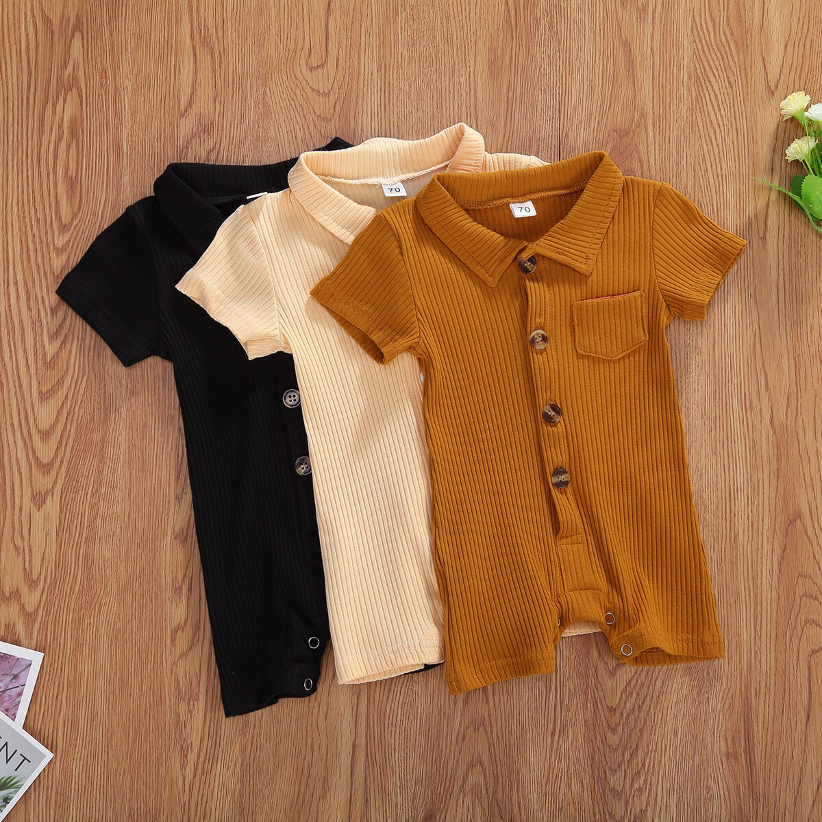 Baby Boy 3M-24M Brei Romper Solid Een Stuk Revers Jumpsuit Korte Mouwen Katoen Button Down bodysuit