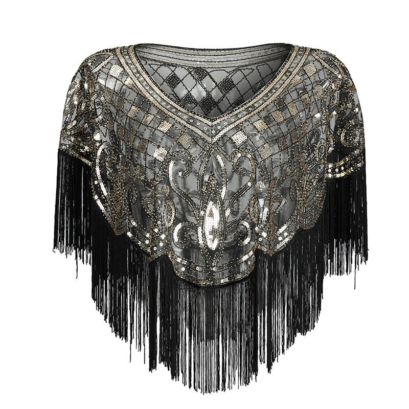 Tonval Vintage 1920s Scarves Pashmina Tassel Beaded Flapper Shawl Women Luxury Sequin Mesh Cape Cover Up Shawls and Wraps: Black and Gold