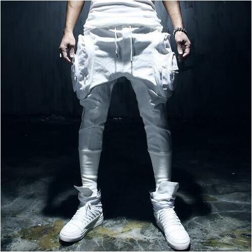 noir blanc maigre grandes poches pantalons hommes Hip Hop Streetwear Jogger Harem pantalon mâle mince décontracté pantalon pieds pantalon: WHITE / L