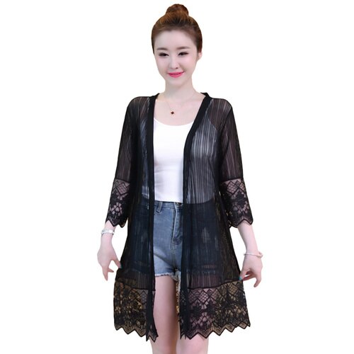 Zomer Casual Medium Lange Jas Vrouwen 3/4 Mouwen Plus Size 4xl Zwart Wit Dunne Jas Laides Patchwork Kant bovenkleding