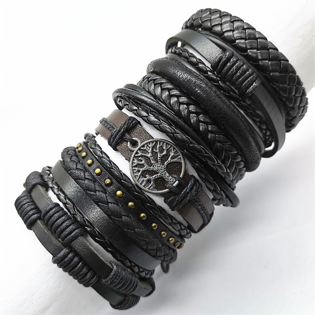 10 unids/set negro envoltura tejida nueva pulseras hechas a mano para hombres pulseras de cuero para hombres y mujeres brazalete para hombres de joyería al por mayor: Pistola negra plateada