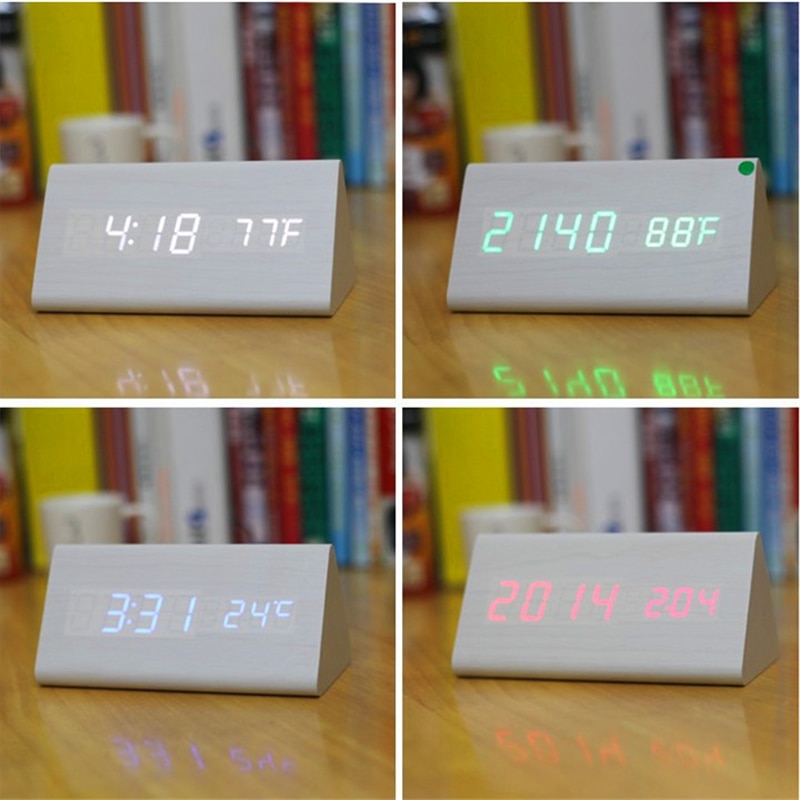 triangular wooden clock,sound control,thermometer,4 color LED display,digital desktop bedroom alarm clock on desk