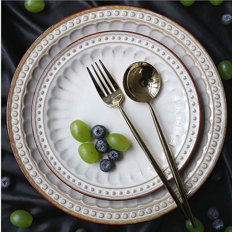 European Style White Ceramic Tableware Set Western Steak Pasta Embossed Plate Home Restaurant Salad Bowl Drink Cup