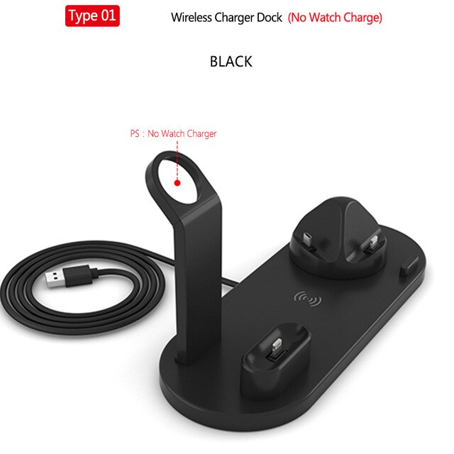 Estación de carga inalámbrica 6 en 1 DCAE para teléfonos iPhone/Android/tipo-c, USB, carga rápida de 10W Qi para Apple Watch AirPods Pro: Type 1 Black