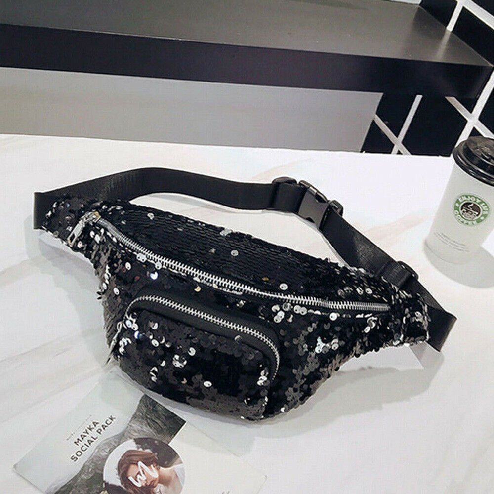 Ons Vrouwen Meisjes Pailletten Glitter Heuptas Fanny Pack Pouch Hip Purse Satchel Borst Zak: Black