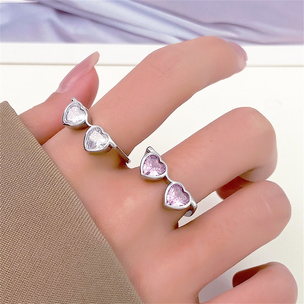 Schattige Roze Hartvormige Bril Ring Voor Vrouwen Mode Ingelegd Zirkoon Bril Verstelbare Ringen Sieraden Paar Items 2023