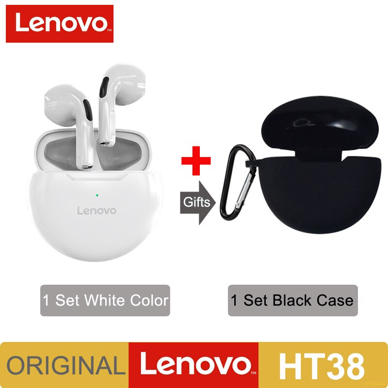 Lenovo HT38 TWS Earphone Wireless Fone Bluetooth Headphones AI Control Mini Headset Dual Mic Noise Reduction HiFi Stereo Earbuds: White ad Black Case