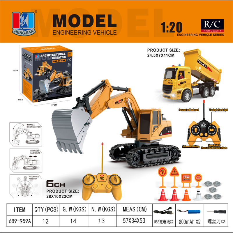 Camión volquete de aleación RC 1:20 13CH, vehículo de ingeniería, carretilla elevadora, excavadora pesada, coche de Control remoto, juguetes para niños,: Negro
