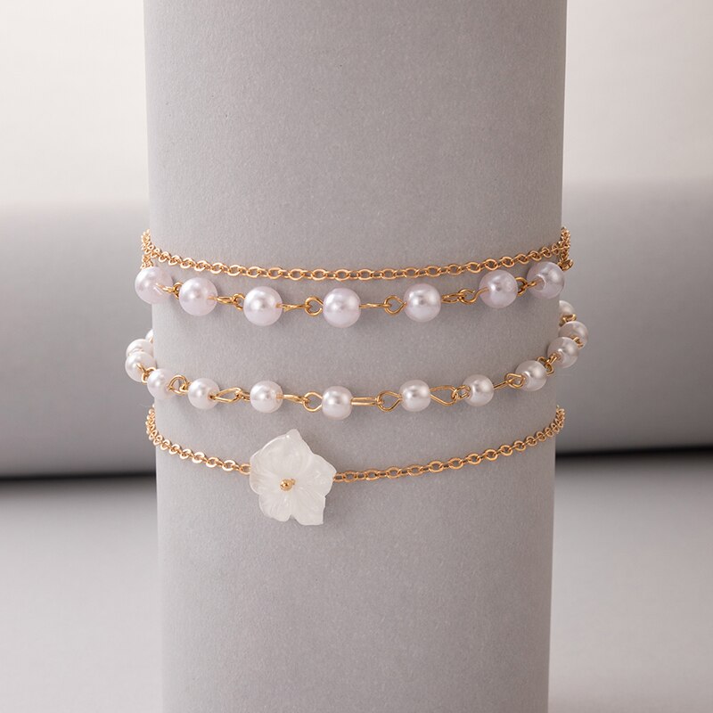 Tocona Mooie Witte Bloemen Enkelband Voor Vrouwen Elegante Parel Steen Kralen Voet Ketting Goud Legering Metalen Sieraden 3 Stks/sets 20850